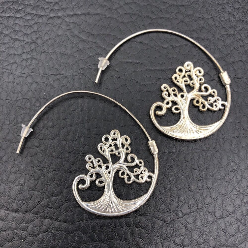 Spiral Hoop Earrings Silver‎ Tone Bodhi Tree of Life
